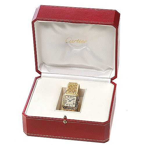 The image shows a Cartier Panthere W25028B501 Yellow Gold White Dial W25028B501 Yellow Gold White Dial watch from a top-down angle, nestled in an open red Cartier box.