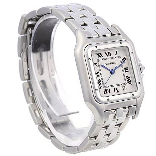 The Cartier Panthere W25054P5 Stainless Steel White Dial W25054P5 Stainless Steel White Dial watch is shown at a slight angle, highlighting the face, bezel, and bracelet.