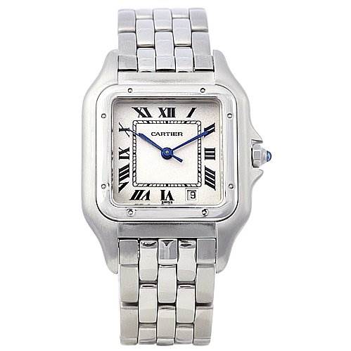 This image shows a front view of a Cartier Panthere W25054P5 Stainless Steel White Dial W25054P5 Stainless Steel White Dial watch, displaying its square face, Roman numeral dial, and metal bracelet.