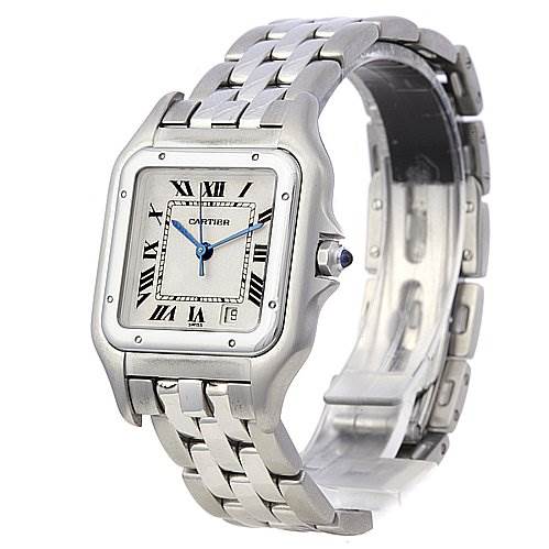 The image shows a Panthère model by Cartier from a front and side angle, highlighting the dial, case, crown, and parts of the bracelet.