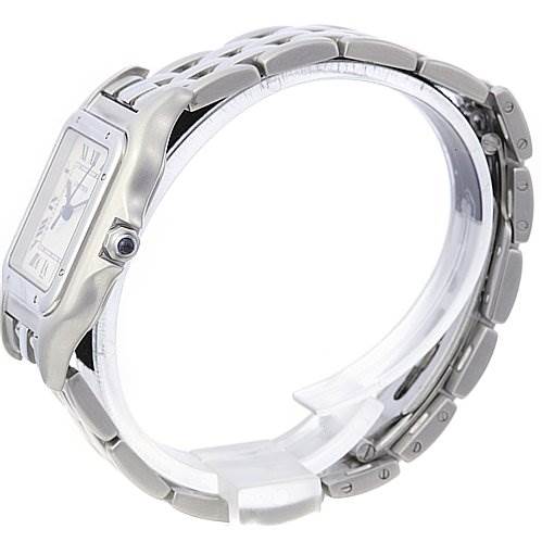 The image shows a side angle of the Cartier Panthere W25054P5 Stainless Steel White Dial W25054P5 Stainless Steel White Dial watch, highlighting the case, bracelet, and part of the dial.