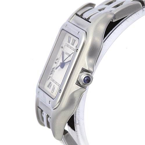 The image shows a side angle of a Panthere model watch by Cartier, highlighting the case, crown, and part of the bracelet.