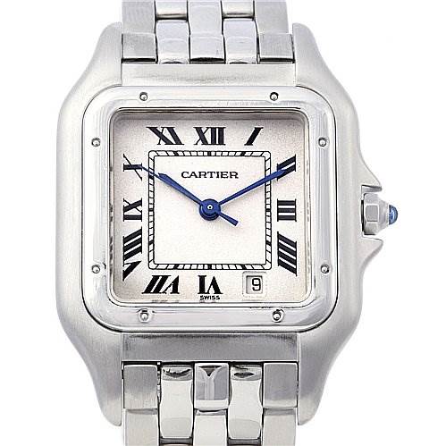 The image shows a front view of the Cartier Panthere W25054P5 Stainless Steel White Dial W25054P5 Stainless Steel White Dial watch, displaying its face, bezel, and part of the metal bracelet.