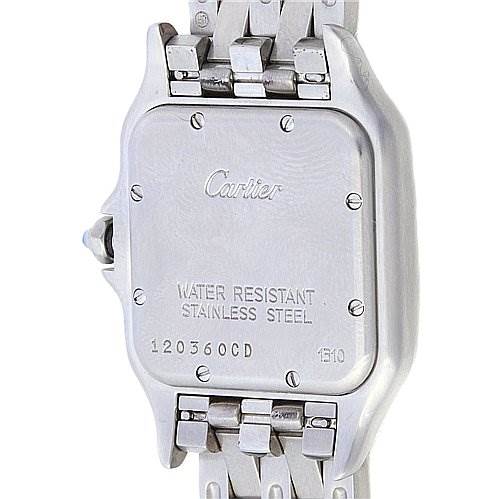 This image shows the back case and a portion of the metal bracelet of a Cartier Panthere W25054P5 Stainless Steel White Dial W25054P5 Stainless Steel White Dial model watch.