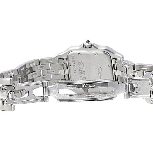 This image shows the back of a Cartier Panthere W25054P5 Stainless Steel White Dial W25054P5 Stainless Steel White Dial watch, including the bracelet, clasp, and case back.
