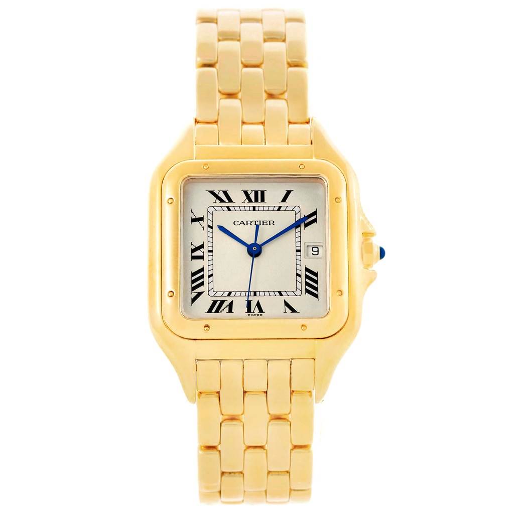 The image shows a front view of a Cartier Panthere W25014B9 Men's Yellow Gold Silver Dial W25014B9 Men's Yellow Gold Silver Dial watch, featuring a gold case, Roman numeral dial, date window, and gold bracelet.