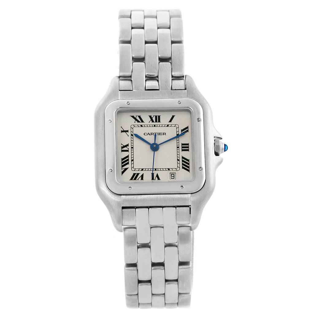 This image shows a front view of a Panthere model watch by Cartier, highlighting its face and bracelet.