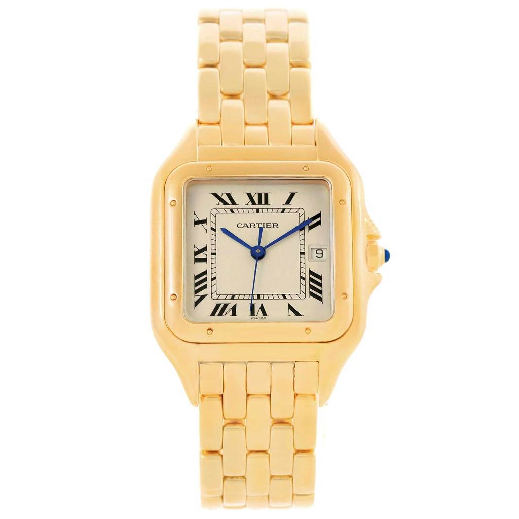 This Cartier Panthère watch is shown from a front angle, displaying its face, case, and gold bracelet.