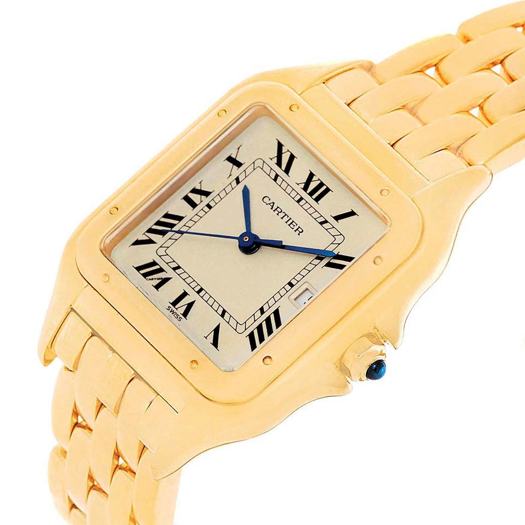 The image shows a close-up, angled view displaying the dial, case, and bracelet of the Panthère de Cartier watch.