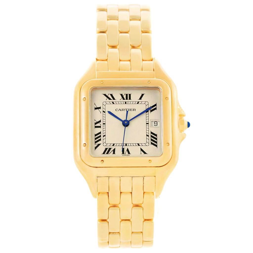 The image shows a front view of a Cartier Panthere W25014B9 Men's Yellow Gold Silver Dial W25014B9 Men's Yellow Gold Silver Dial model watch, highlighting its gold-tone bracelet and square dial with Roman numerals.