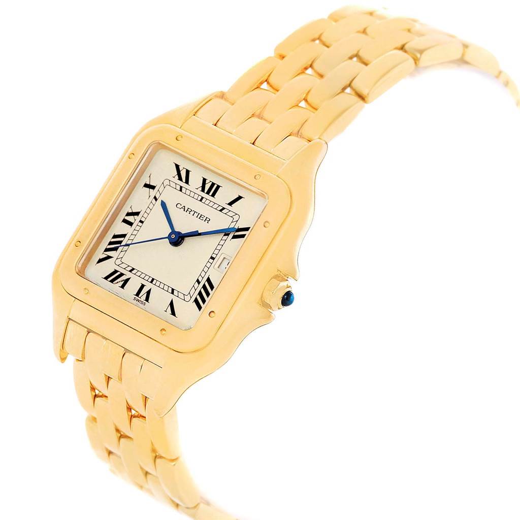 The image shows a Cartier Panthere W25014B9 Men's Yellow Gold Silver Dial W25014B9 Men's Yellow Gold Silver Dial watch at a slight angle, highlighting its gold band and square face with Roman numerals.