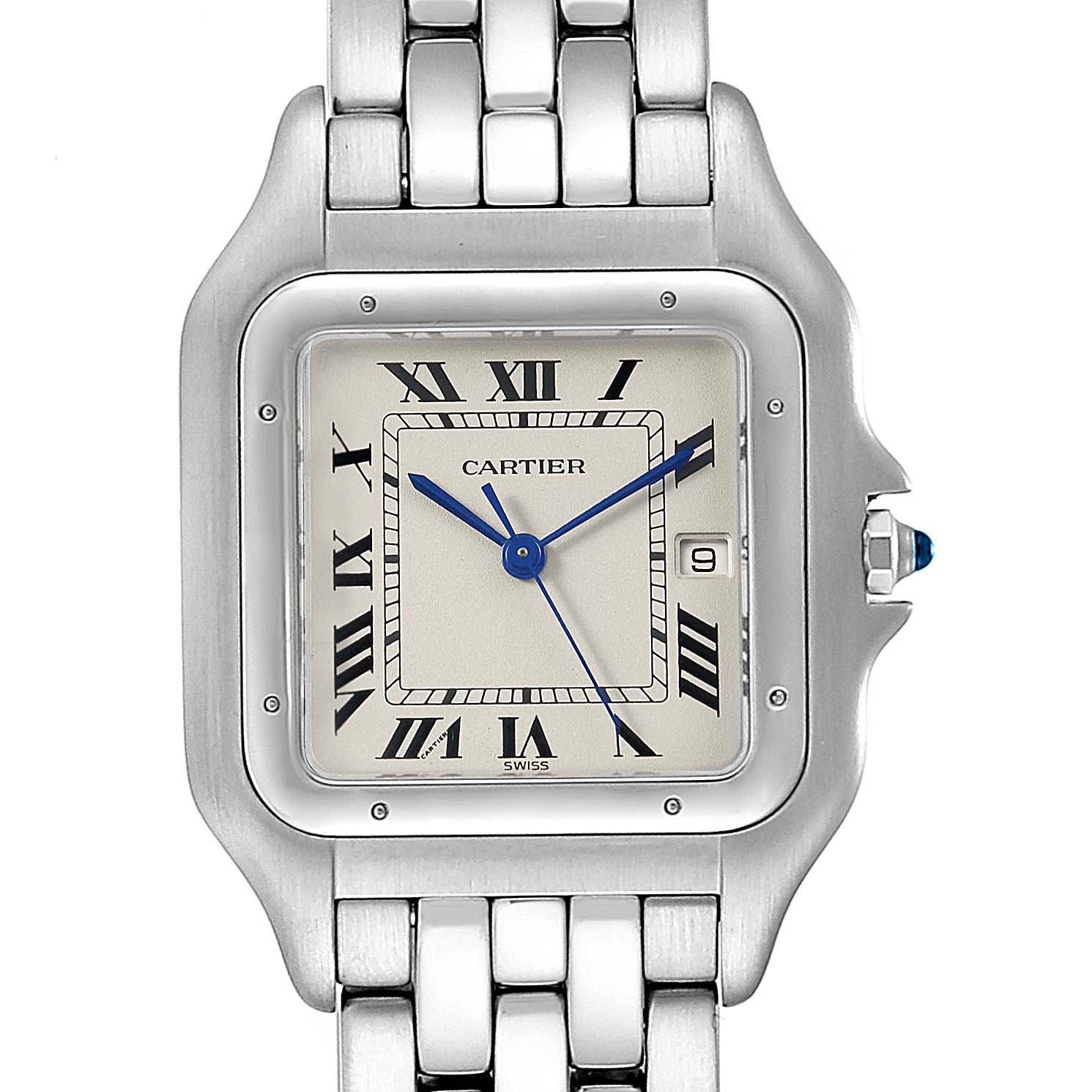 The image shows a front view of a Cartier Panthere W25032P5 Men's Stainless Steel Silver Dial W25032P5 Men's Stainless Steel Silver Dial model, highlighting the dial, hands, bracelet, and crown.