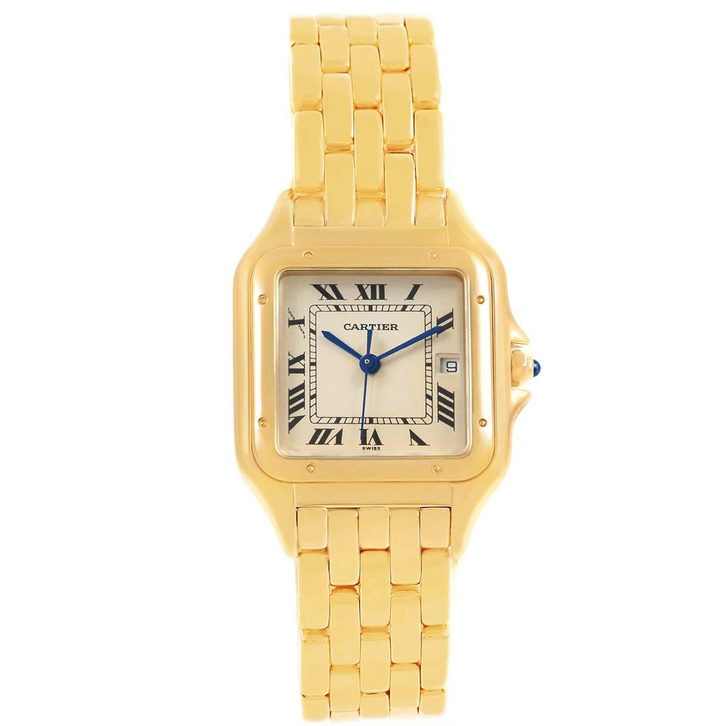The image shows a Cartier Panthere W25014B9 Men's Yellow Gold Silver Dial W25014B9 Men's Yellow Gold Silver Dial watch from a front angle, highlighting its gold strap and square dial with Roman numerals.