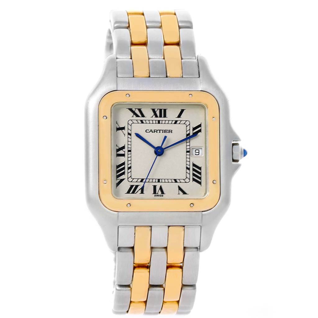 The image shows a frontal view of a Cartier Panthere 187957 Steel and Gold (two tone) Silver Dial 187957 Steel and Gold (two tone) Silver Dial watch, highlighting its two-tone metal bracelet and square dial with Roman numerals.