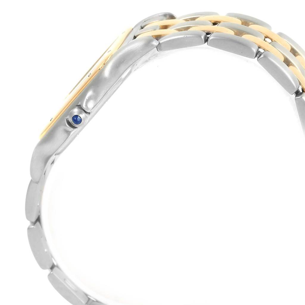 This image shows a side profile of a Cartier Panthere 187957 Steel and Gold (two tone) Silver Dial 187957 Steel and Gold (two tone) Silver Dial watch, highlighting its crown, case, and bracelet.