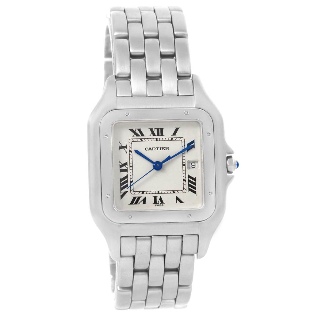 The image displays the front view of a Cartier Panthere W25032P5 Stainless Steel Silver Dial W25032P5 Stainless Steel Silver Dial model watch, showcasing its face, bracelet, and side crown.