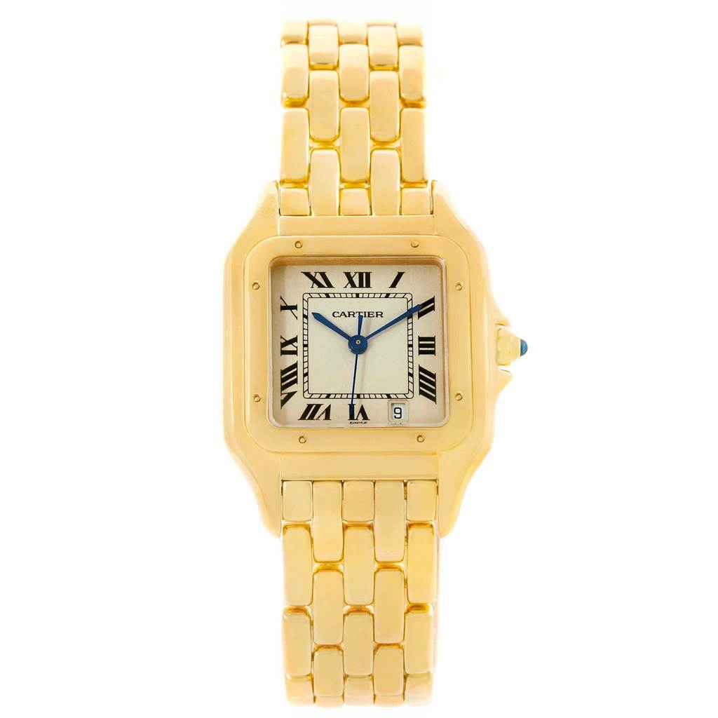 The image shows a Panthère model by Cartier from a front angle, displaying the face, dial, and bracelet.