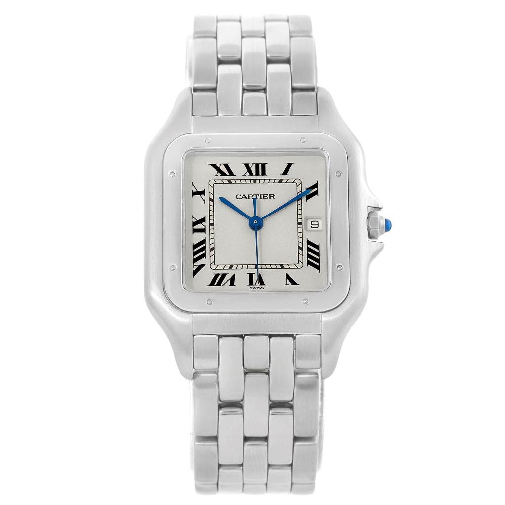 This is a front view of the Cartier Panthere W25032P5 Men's Stainless Steel Silver Dial W25032P5 Men's Stainless Steel Silver Dial model watch, showing its face, bracelet, and crown.