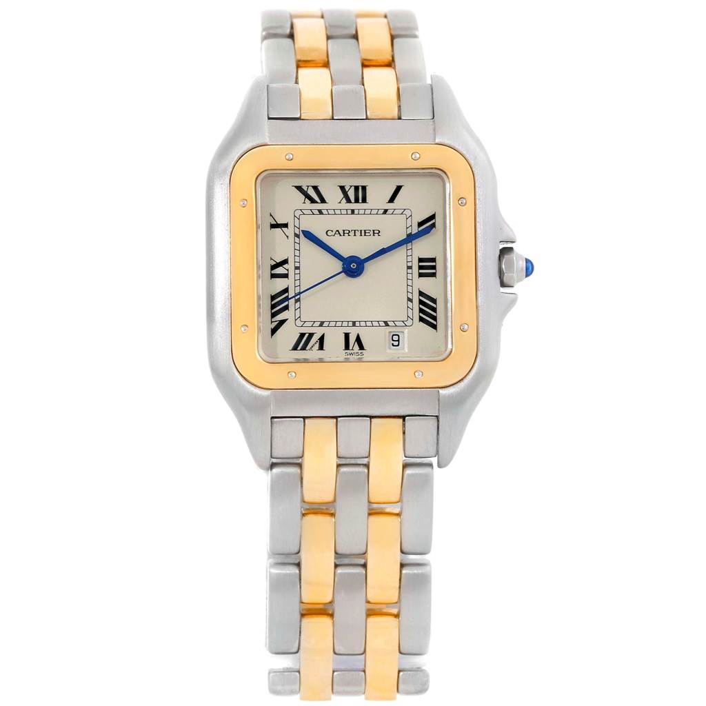 The image shows a front view of a Cartier Panthere W25028B8 Men's Steel and Gold (two tone) Silver Dial W25028B8 Men's Steel and Gold (two tone) Silver Dial watch, highlighting its two-tone bracelet, square face, and Roman numeral dial.