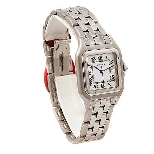 The Cartier Panthere Stainless Steel Silver Dial Stainless Steel Silver Dial watch is shown at an angled view displaying the bracelet, square case, and Roman numeral dial.
