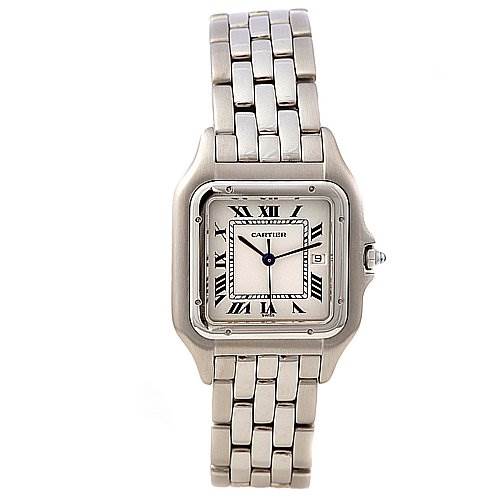 This image shows a front view of the Cartier Panthere Stainless Steel Silver Dial Stainless Steel Silver Dial watch, displaying its bracelet, square face, Roman numerals, and date window.