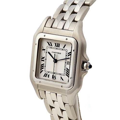 This image shows a Panthere model watch by Cartier from an angled view, highlighting its square dial, bracelet, and crown with a blue cabochon.