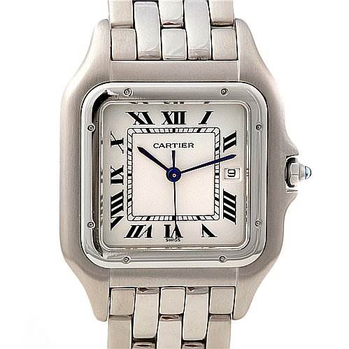 The image shows a front view of the Panthère de Cartier watch, highlighting its square face, Roman numerals, blue hands, and metal bracelet.