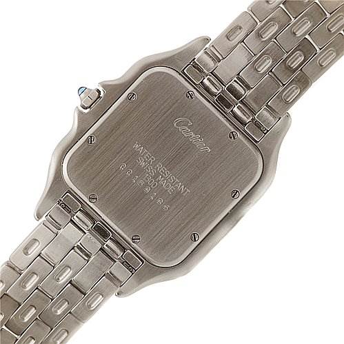 This image shows the back case and part of the bracelet of the Cartier Panthère watch.