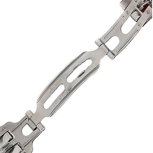 This image shows a close-up view of the clasp mechanism on a Cartier Panthere Stainless Steel Silver Dial Stainless Steel Silver Dial watch bracelet.