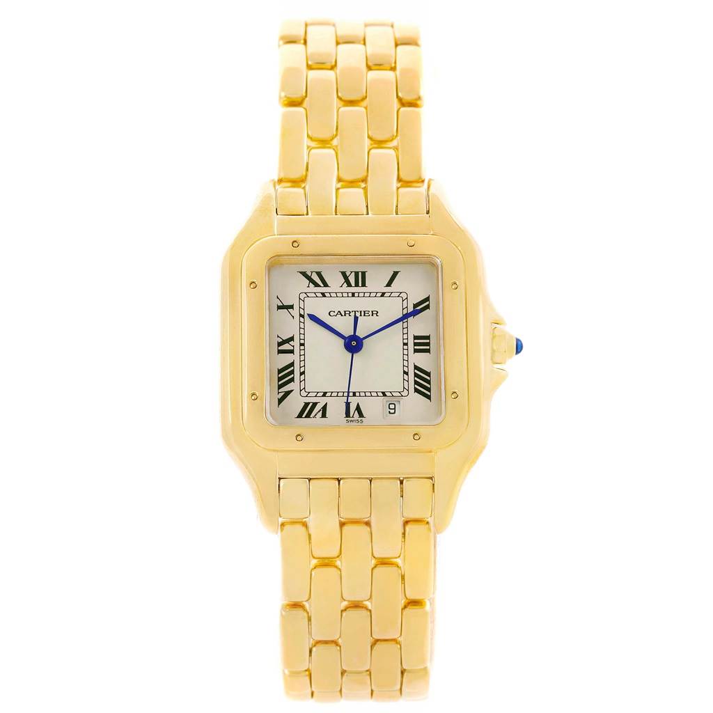 The image shows a frontal view of a Cartier Panthere Men's Yellow Gold Silver Dial Men's Yellow Gold Silver Dial watch with a gold bracelet and Roman numeral markers.