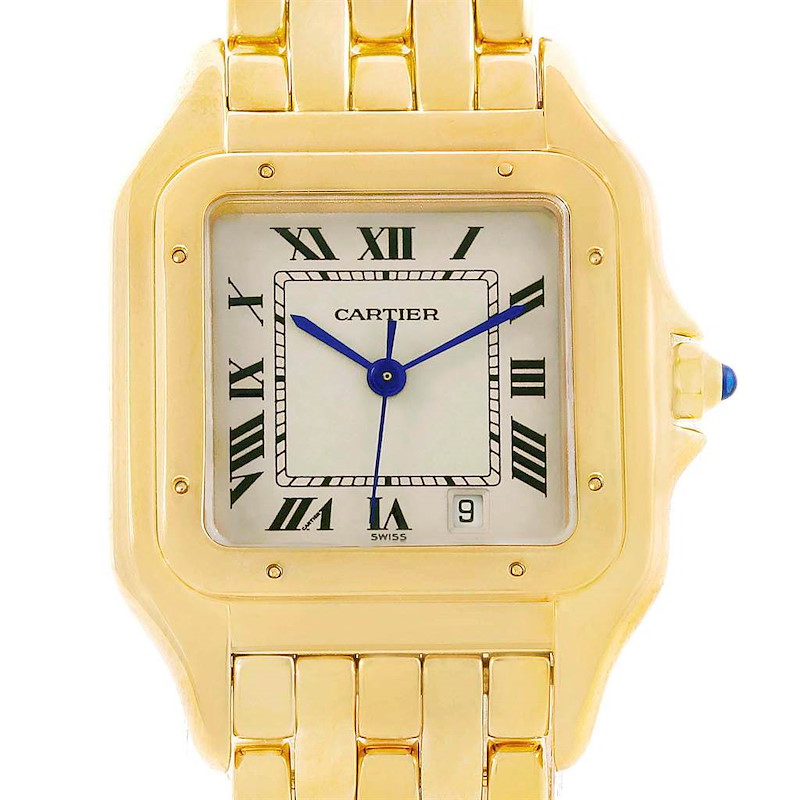 Cartier Panthere Silver Dial Blue Hands Large Yellow Gold Unisex Watch SwissWatchExpo