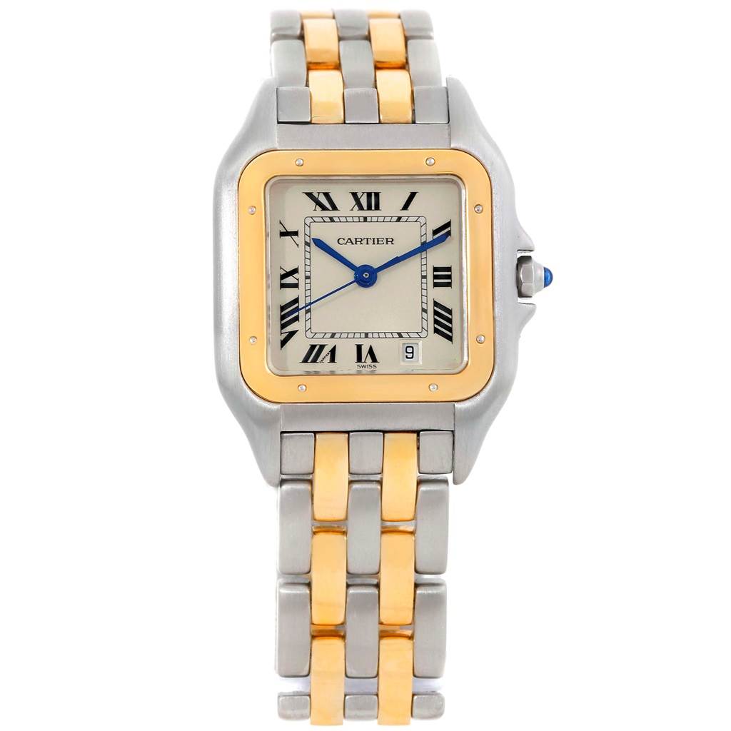 This image shows a front view of the Cartier Panthere W25028B8 Steel and Gold (two tone) Silver Dial W25028B8 Steel and Gold (two tone) Silver Dial watch, displaying its face, bezel, and bracelet.