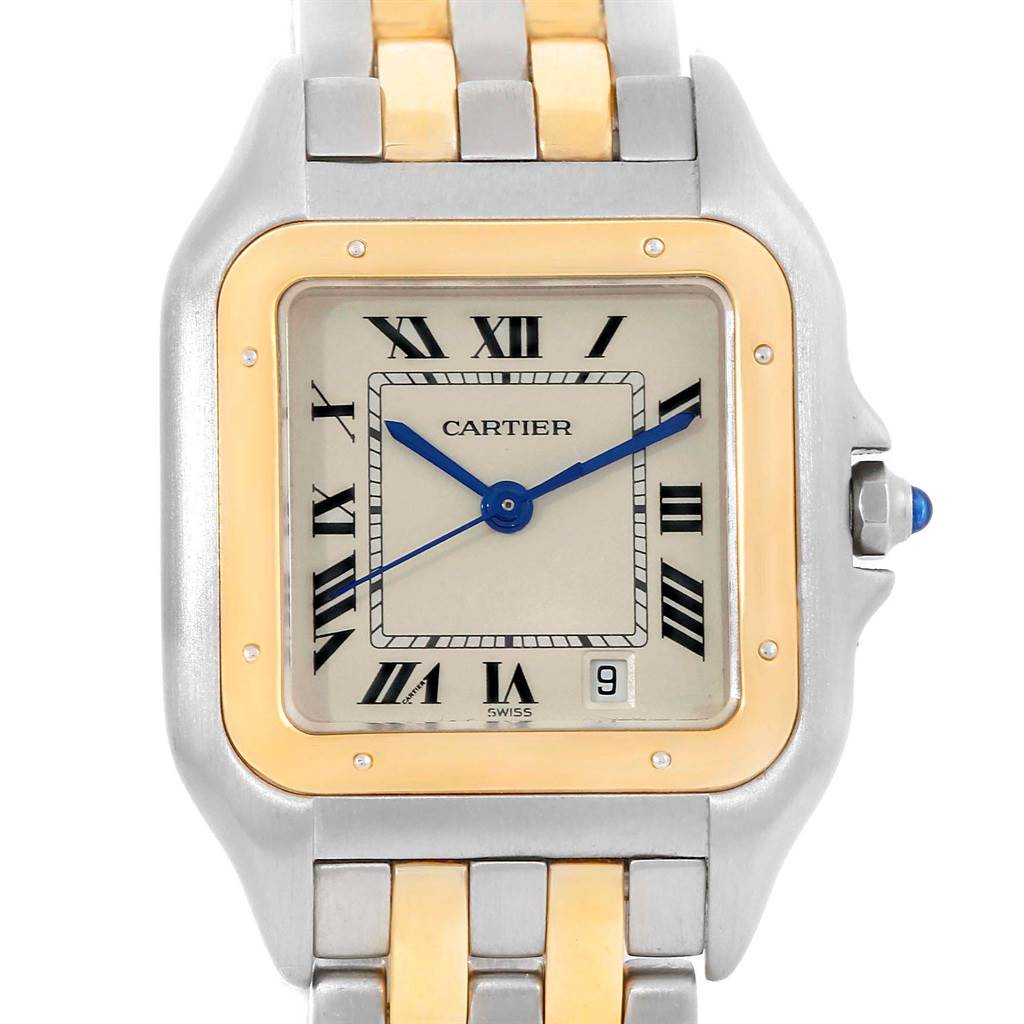 A head-on view of the Cartier Panthere W25028B8 Steel and Gold (two tone) Silver Dial W25028B8 Steel and Gold (two tone) Silver Dial watch, showing its face, bezel, and part of the bracelet.