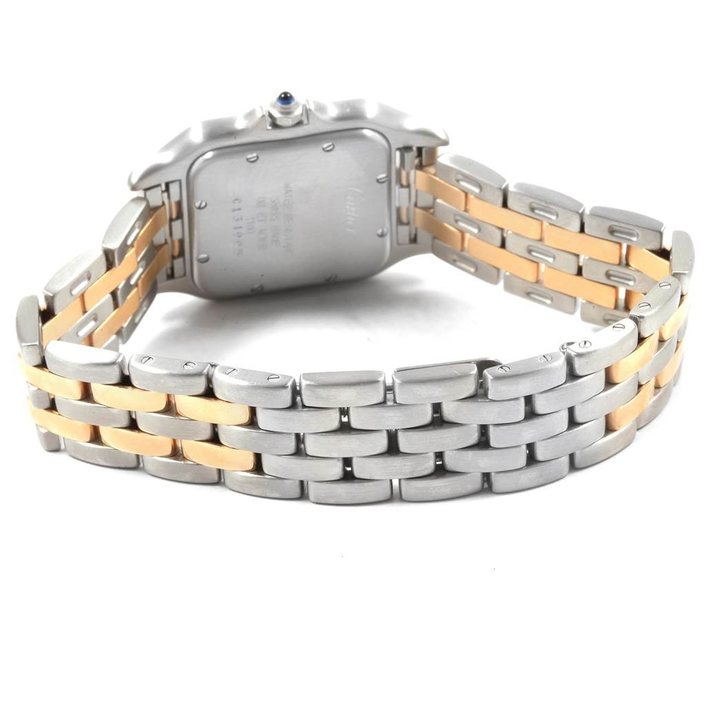 The image shows the back and bracelet of a Cartier Panthere W25028B8 Steel and Gold (two tone) Silver Dial W25028B8 Steel and Gold (two tone) Silver Dial watch, focusing on the two-tone links and case back.