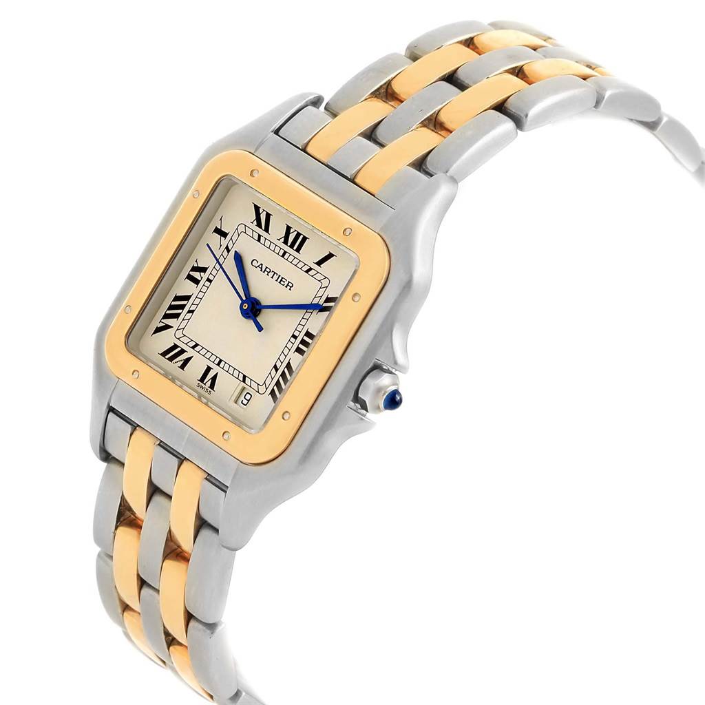 The image shows a Cartier Panthere W25028B8 Steel and Gold (two tone) Silver Dial W25028B8 Steel and Gold (two tone) Silver Dial watch at an angle highlighting the face and two-tone metal bracelet.