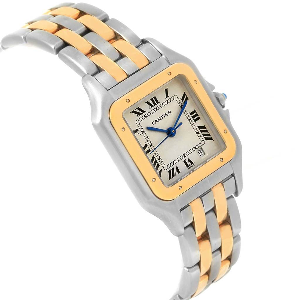 The image shows a Panthere model by Cartier at a slight angle, highlighting its square face, two-tone bracelet, and Roman numeral dial.