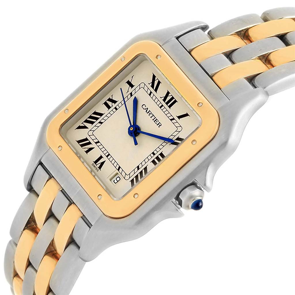 The image shows a Cartier Panthere W25028B8 Steel and Gold (two tone) Silver Dial W25028B8 Steel and Gold (two tone) Silver Dial watch angled to highlight the face, bezel, and part of the bracelet.