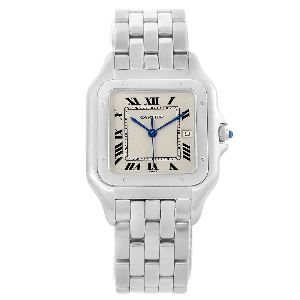 This image shows a front view of the Cartier Panthere W25032P5 Men's Stainless Steel Silver Dial W25032P5 Men's Stainless Steel Silver Dial watch, displaying the dial, hands, case, and bracelet.