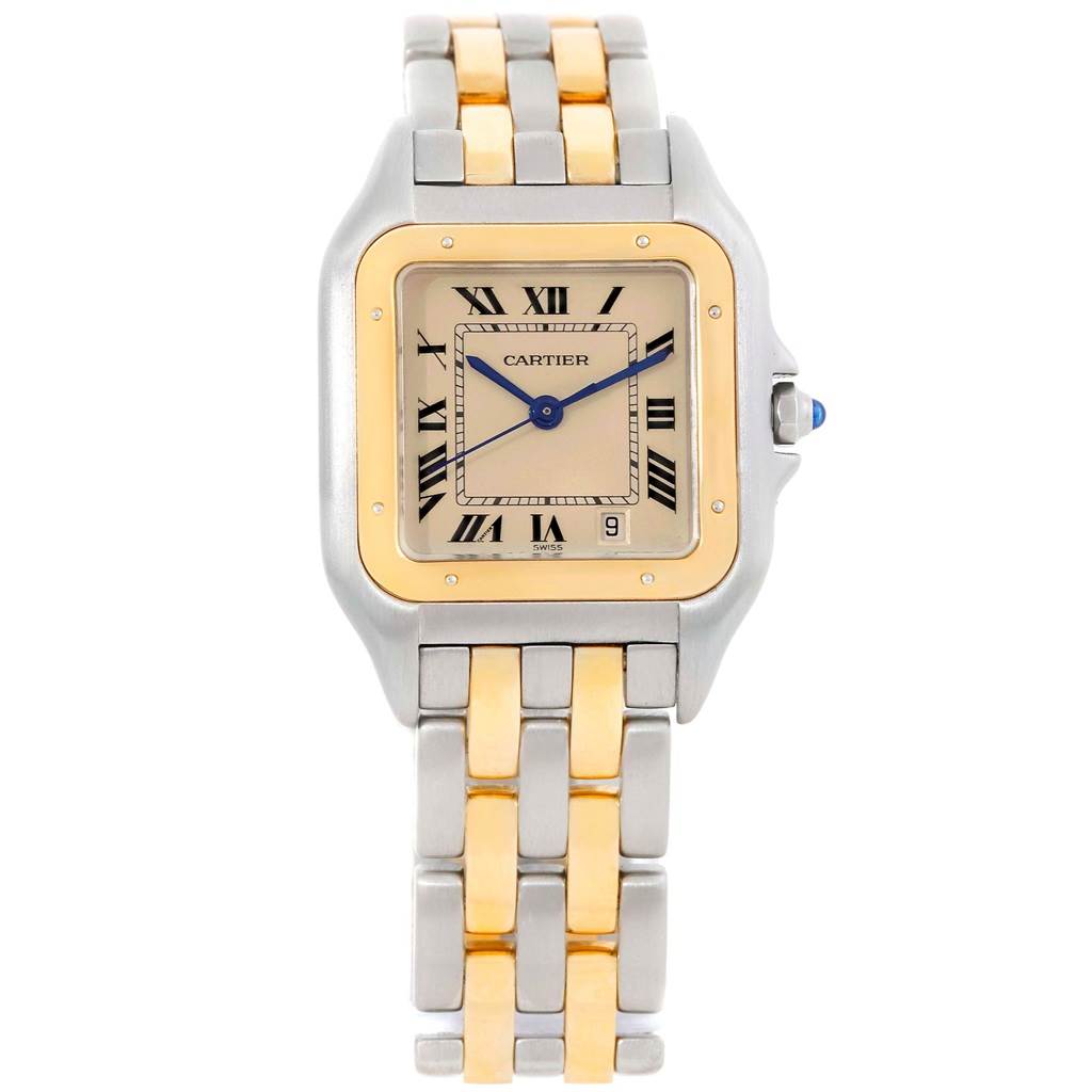 The image shows a front view of the Cartier Panthere W25028B8 Steel and Gold (two tone) Beige Dial W25028B8 Steel and Gold (two tone) Beige Dial model watch, including the face, bezel, crown, and bracelet.