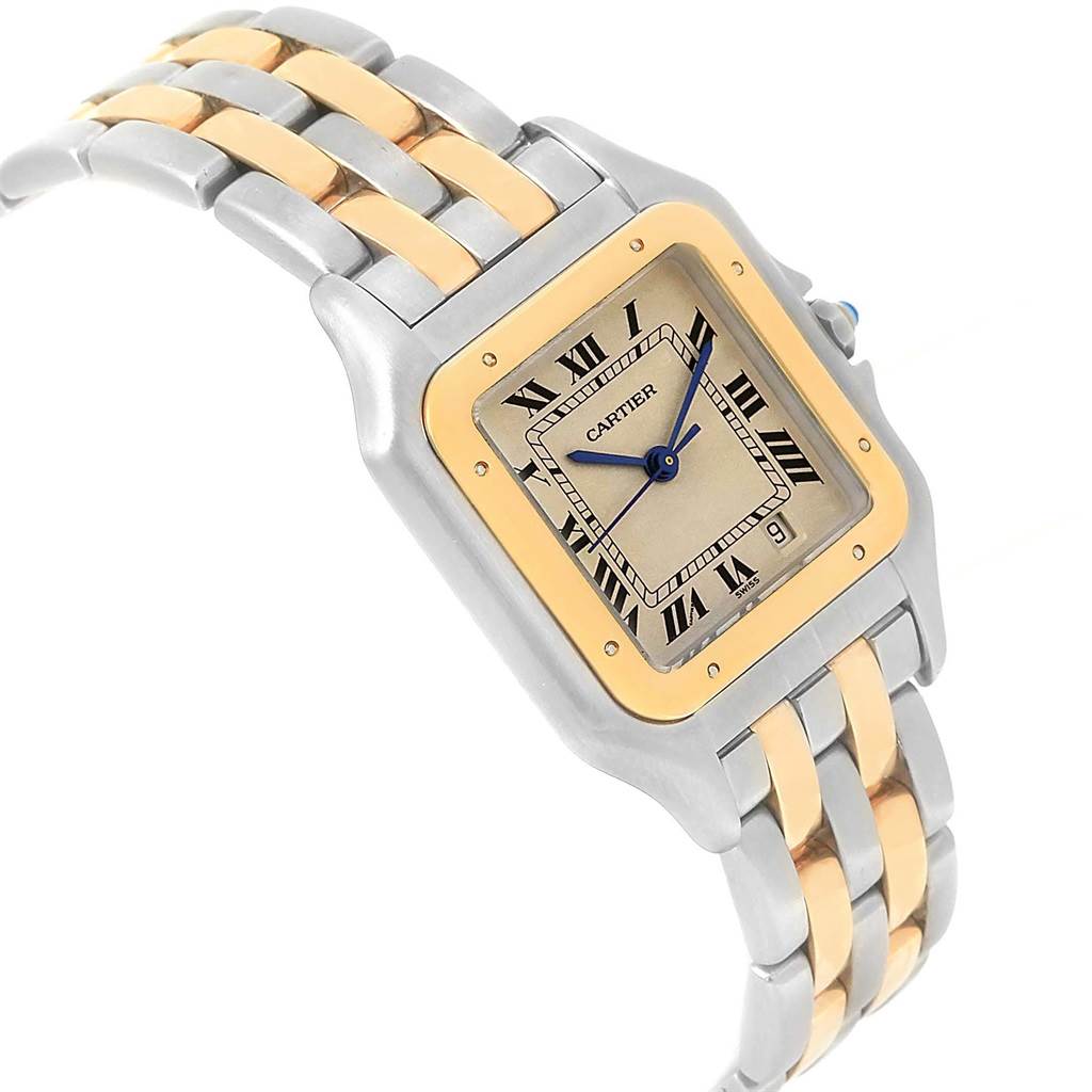 The image shows a Cartier Panthere W25028B8 Steel and Gold (two tone) Beige Dial W25028B8 Steel and Gold (two tone) Beige Dial watch at an angle displaying the face, bezel, and mixed-metal band.