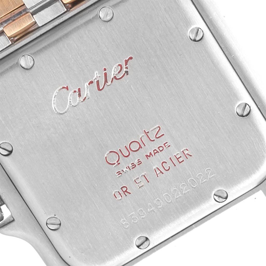 The image shows the back case of a Cartier Panthere W25028B8 Steel and Gold (two tone) Beige Dial W25028B8 Steel and Gold (two tone) Beige Dial watch, highlighting the brand name and specifications.