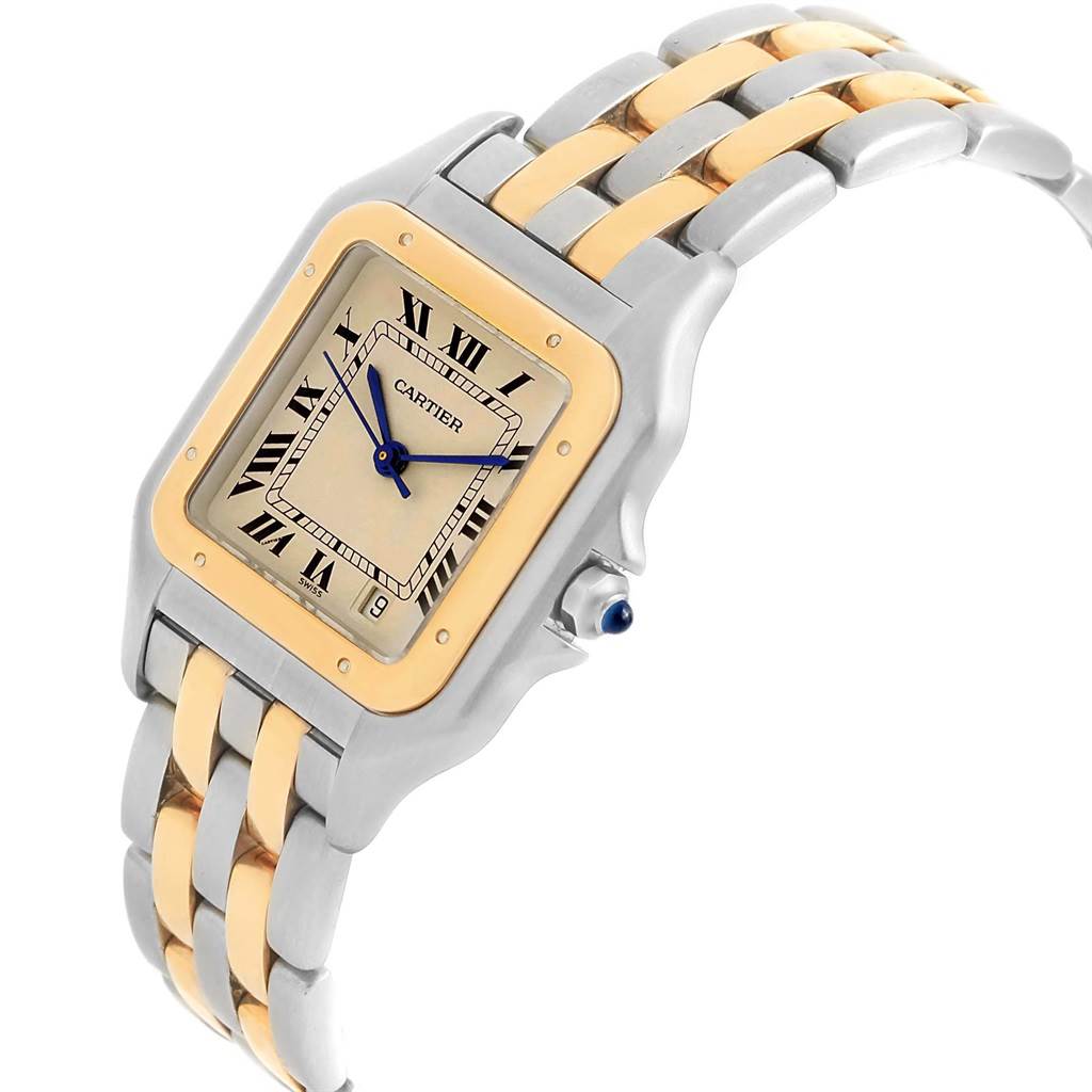This Cartier Panthere W25028B8 Steel and Gold (two tone) Beige Dial W25028B8 Steel and Gold (two tone) Beige Dial watch is photographed at a slight angle, showcasing the face, two-tone bracelet, and crown.