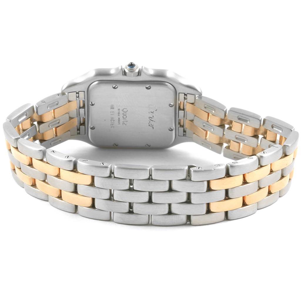 The image shows the case back and bracelet of a Cartier Panthere W25028B8 Steel and Gold (two tone) Beige Dial W25028B8 Steel and Gold (two tone) Beige Dial watch from a rear angle.