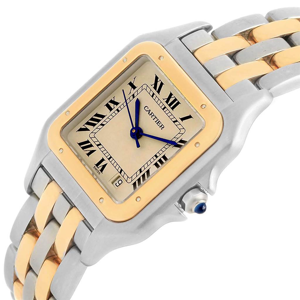 This image shows a close-up angle of the face and part of the band of a Cartier Panthere W25028B8 Steel and Gold (two tone) Beige Dial W25028B8 Steel and Gold (two tone) Beige Dial watch.