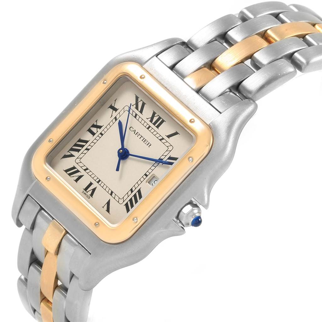 The image showcases a Cartier Panthere 187957 Steel and Gold (two tone) Silver Dial 187957 Steel and Gold (two tone) Silver Dial watch angled to display its face, bezel, and part of its two-tone metal bracelet.