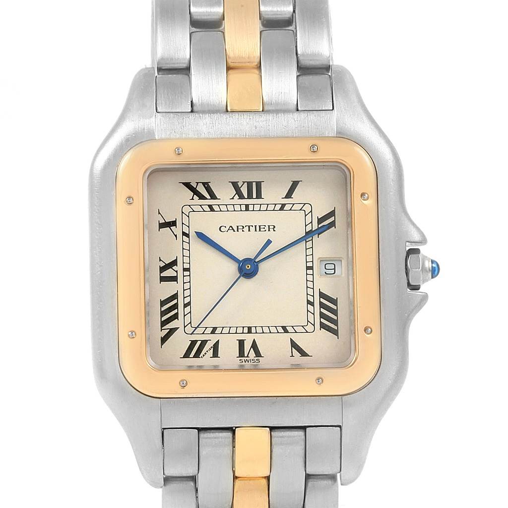 The image shows a front view of a Cartier Panthere 187957 Steel and Gold (two tone) Silver Dial 187957 Steel and Gold (two tone) Silver Dial watch, highlighting its face, bezel, and partial bracelet.