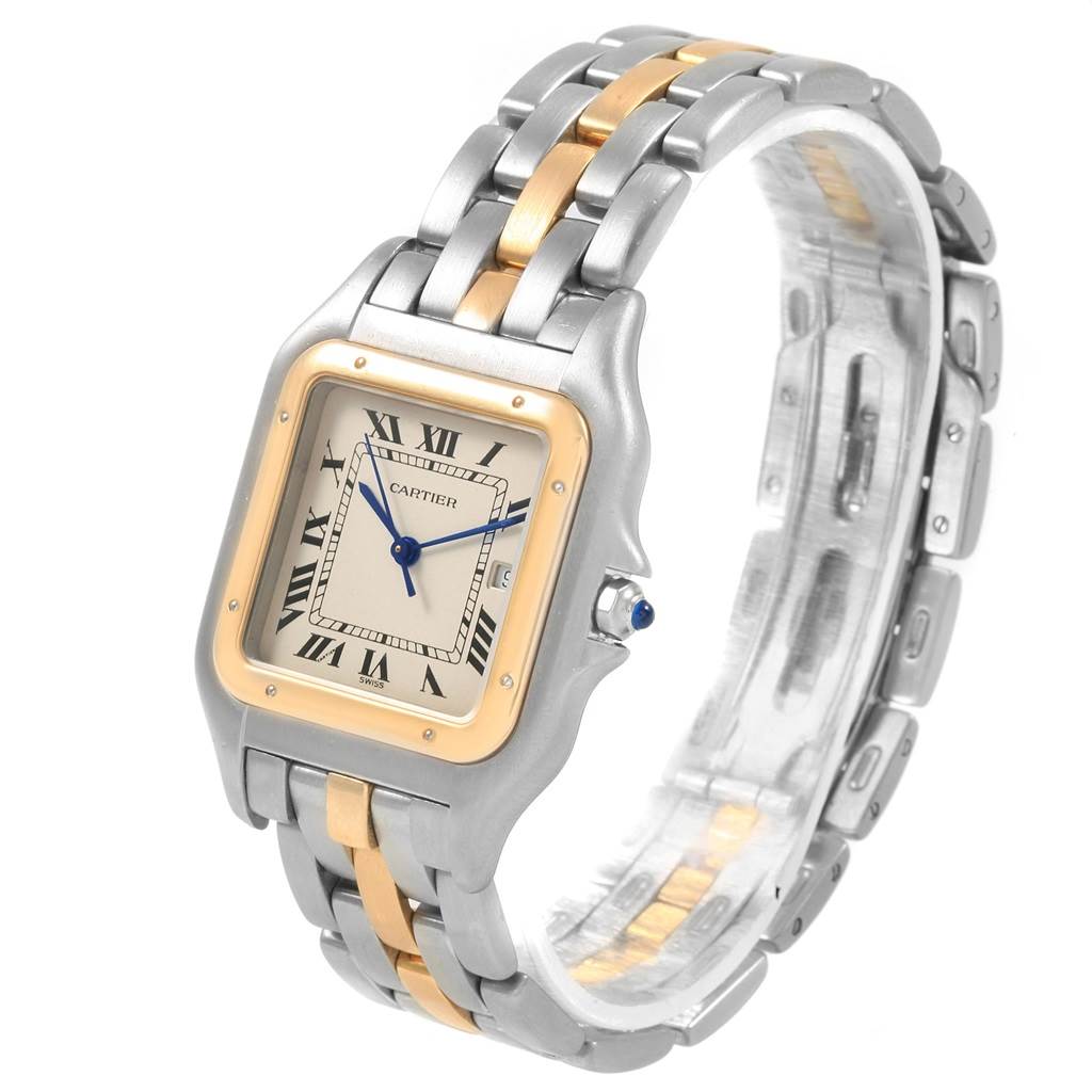 This image shows the Cartier Panthere 187957 Steel and Gold (two tone) Silver Dial 187957 Steel and Gold (two tone) Silver Dial watch from an angled side view, highlighting its face and two-tone metal band.