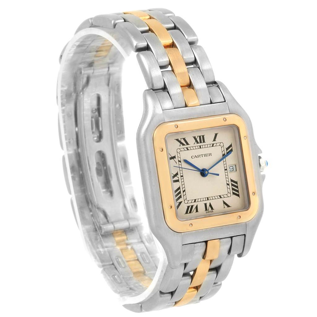 The Cartier Panthere 187957 Steel and Gold (two tone) Silver Dial 187957 Steel and Gold (two tone) Silver Dial watch is viewed from an angled perspective, showcasing its face, bezel, and two-tone bracelet.
