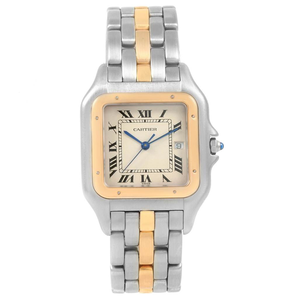 The Panthere de Cartier watch is shown from a top-down angle, displaying its face and full bracelet.