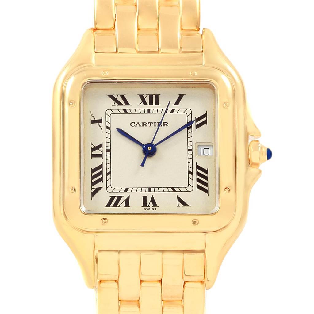This is a front view of the Cartier Panthere W25014B9 Men's Yellow Gold Silver Dial W25014B9 Men's Yellow Gold Silver Dial watch showing its face, Roman numeral markers, and gold bracelet.